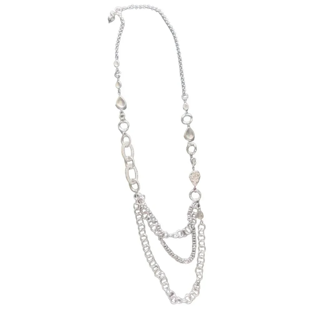 Chico's Silver Small Rhinestones Multi Layer Long Necklace Medium - Picture 1 of 4